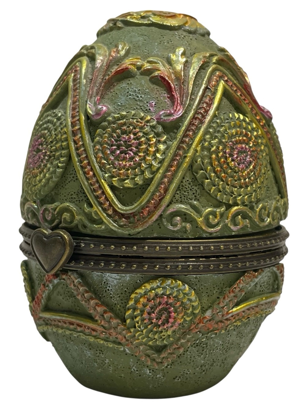 Vintage 1980s Egg Shaped Hinged Trinket Box Green Resin with Ornate Details